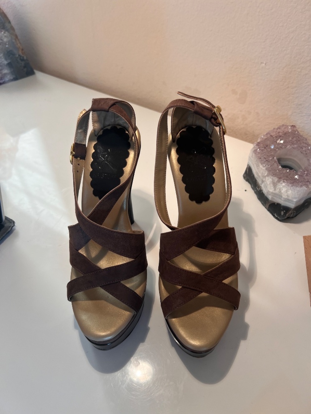 Kristoff brown suede strappy platform sandals, gold trim, black patent heel